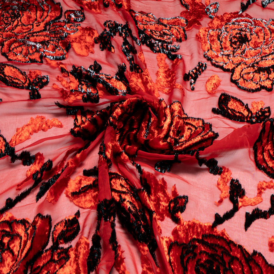 Black Outlined Red Floral Devoré Velvet