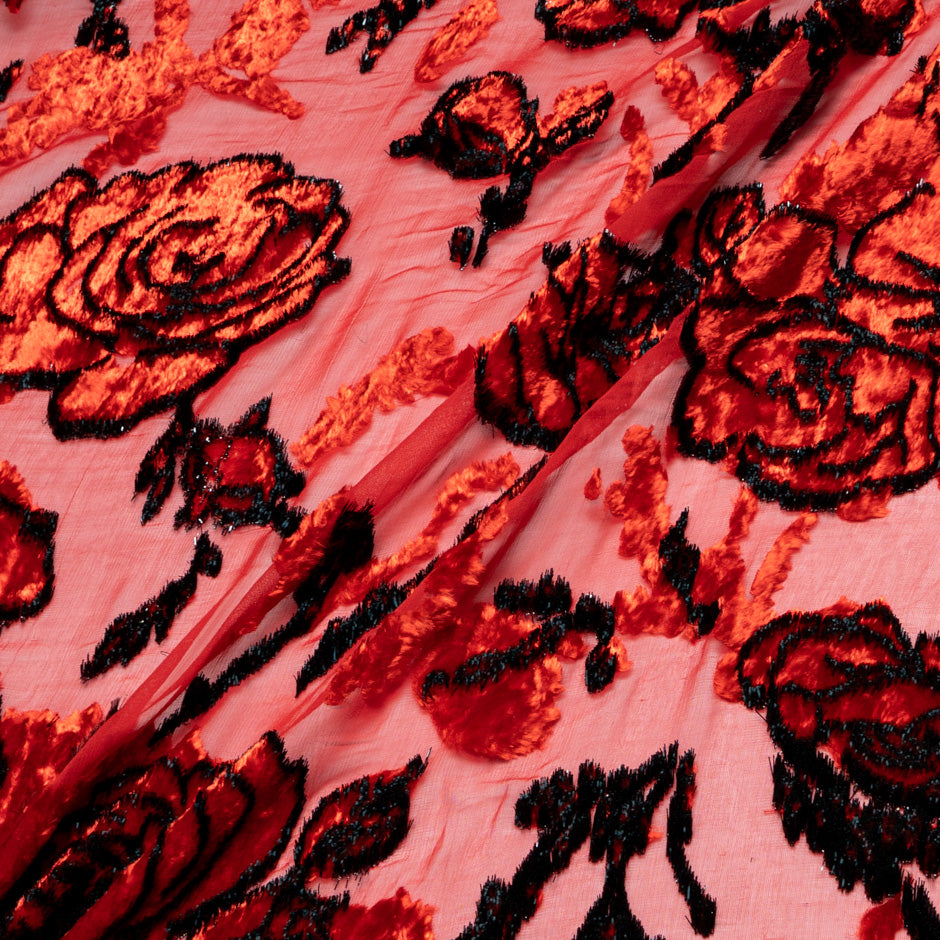 Black Outlined Red Floral Devoré Velvet