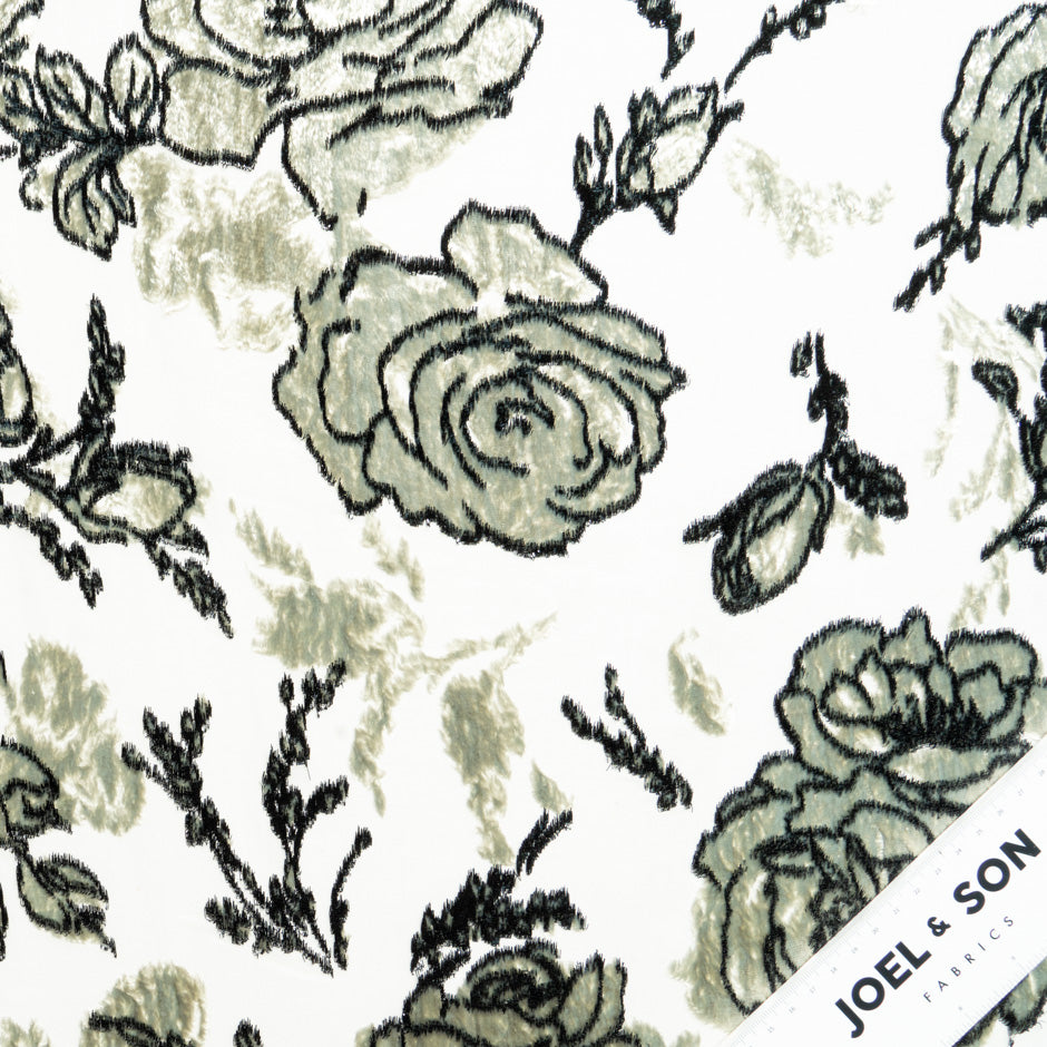 Black Outlined Floral Vanilla Devoré Velvet