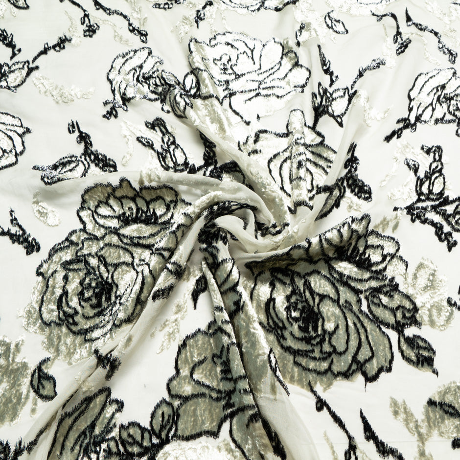 Black Outlined Floral Vanilla Devoré Velvet
