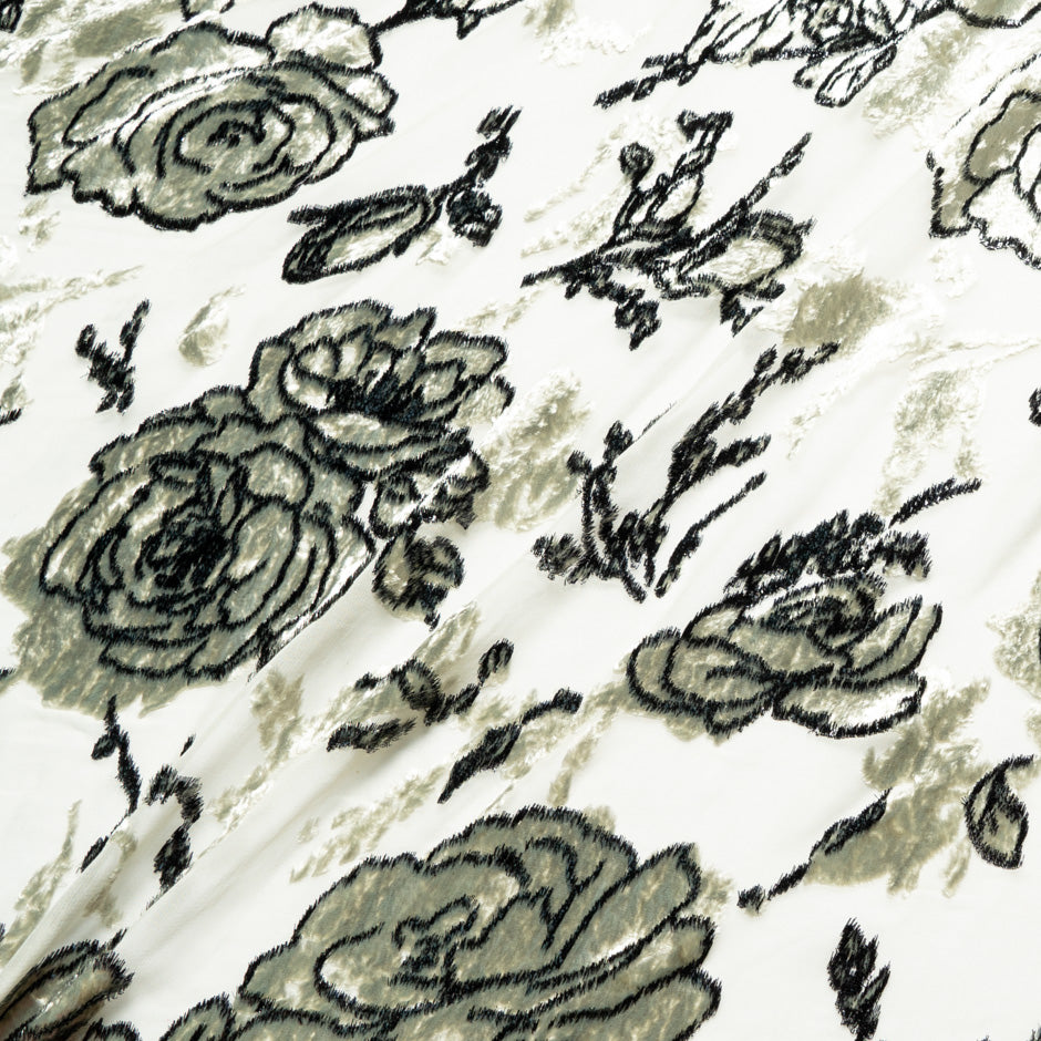 Black Outlined Floral Vanilla Devoré Velvet