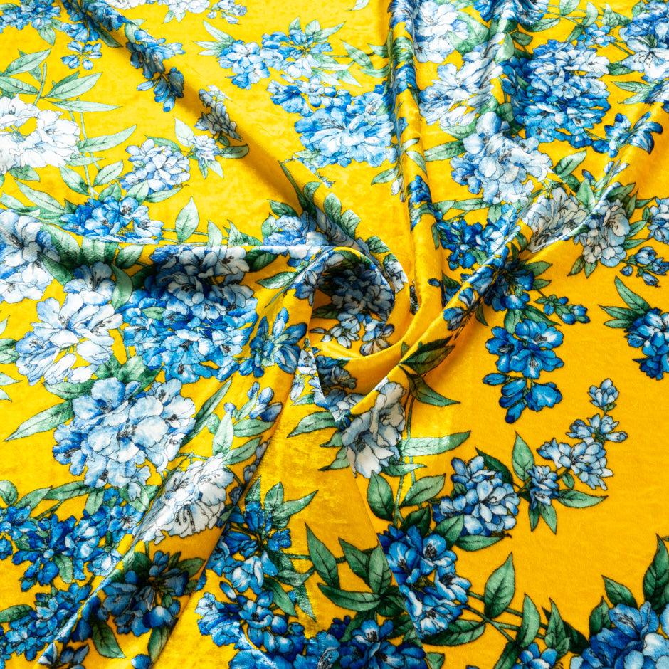 Blue Floral Printed Canary Yellow Velvet