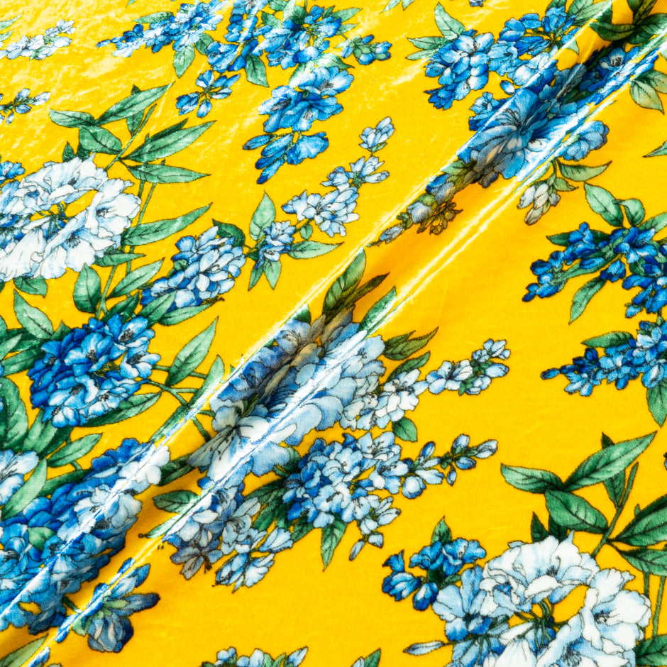 Blue Floral Printed Canary Yellow Velvet