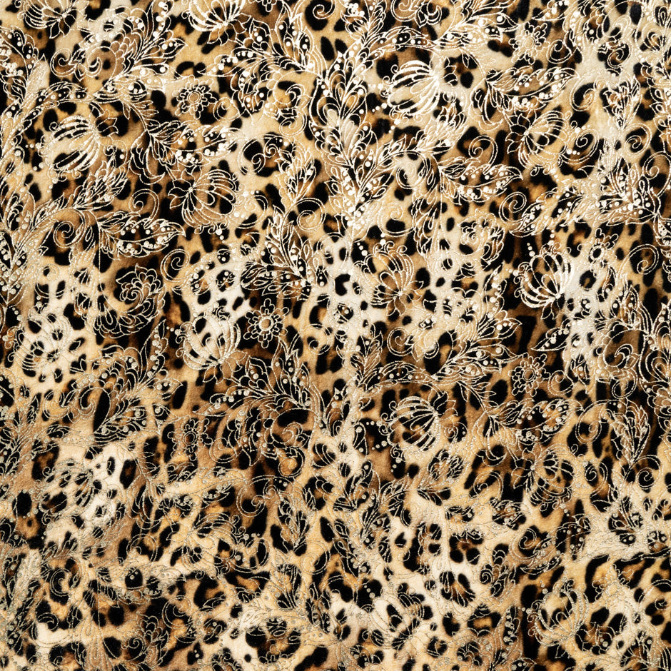 Gold Floral Animal Printed Silk Blend Velvet
