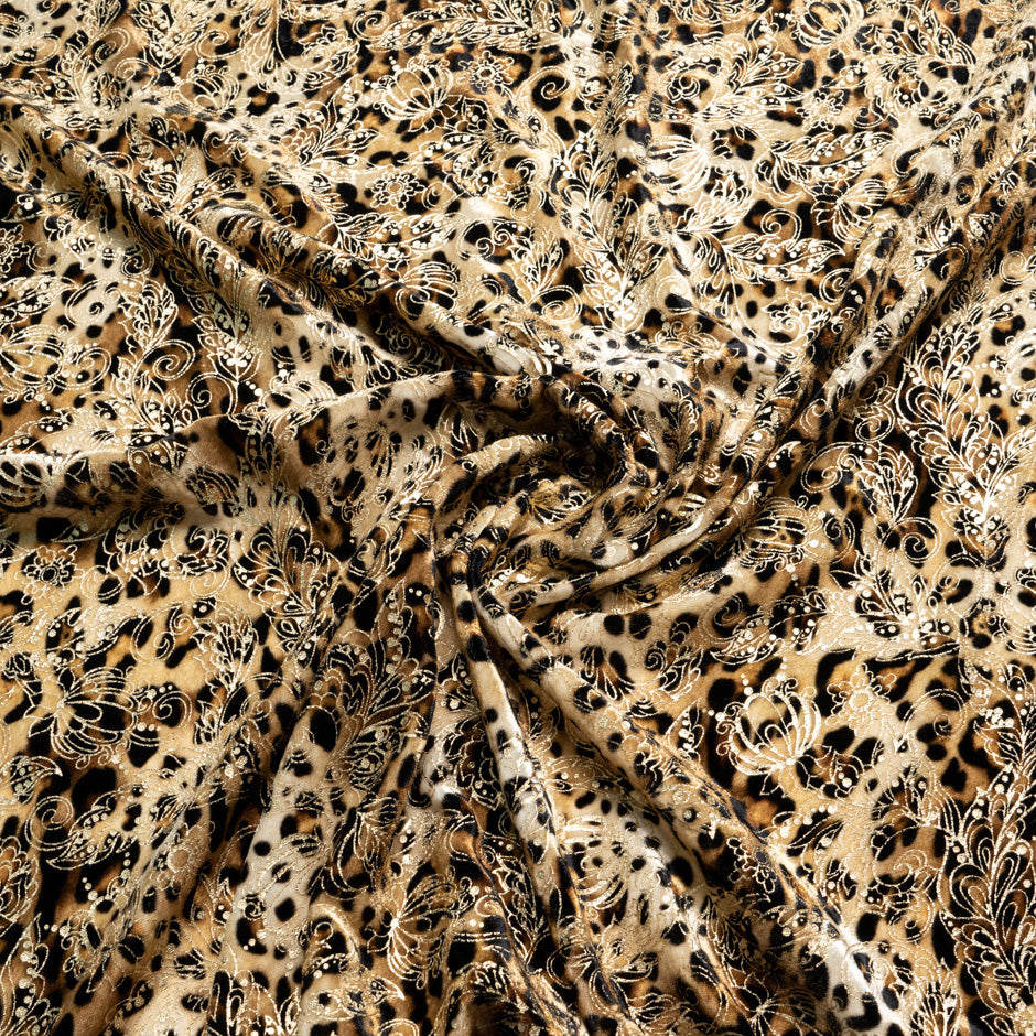 Gold Floral Animal Printed Silk Blend Velvet