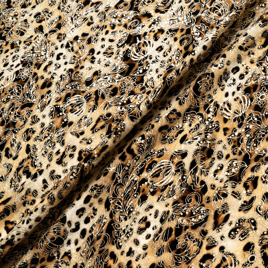 Gold Floral Animal Printed Silk Blend Velvet