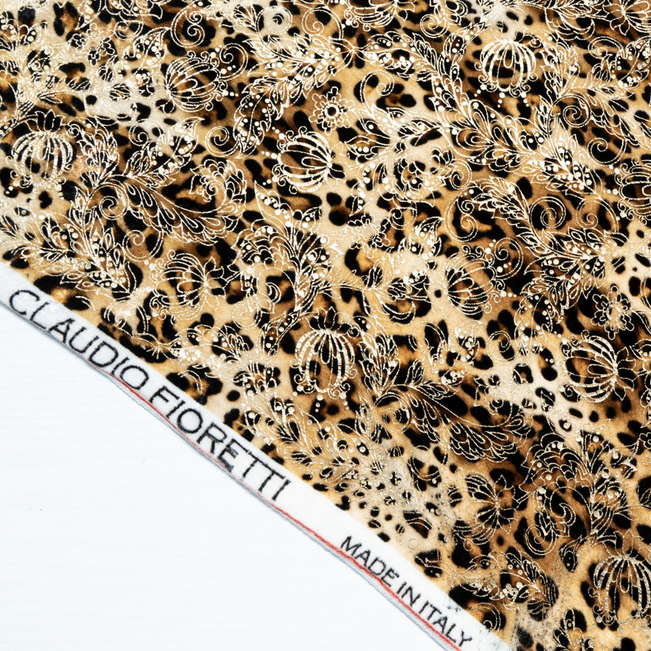 Gold Floral Animal Printed Silk Blend Velvet
