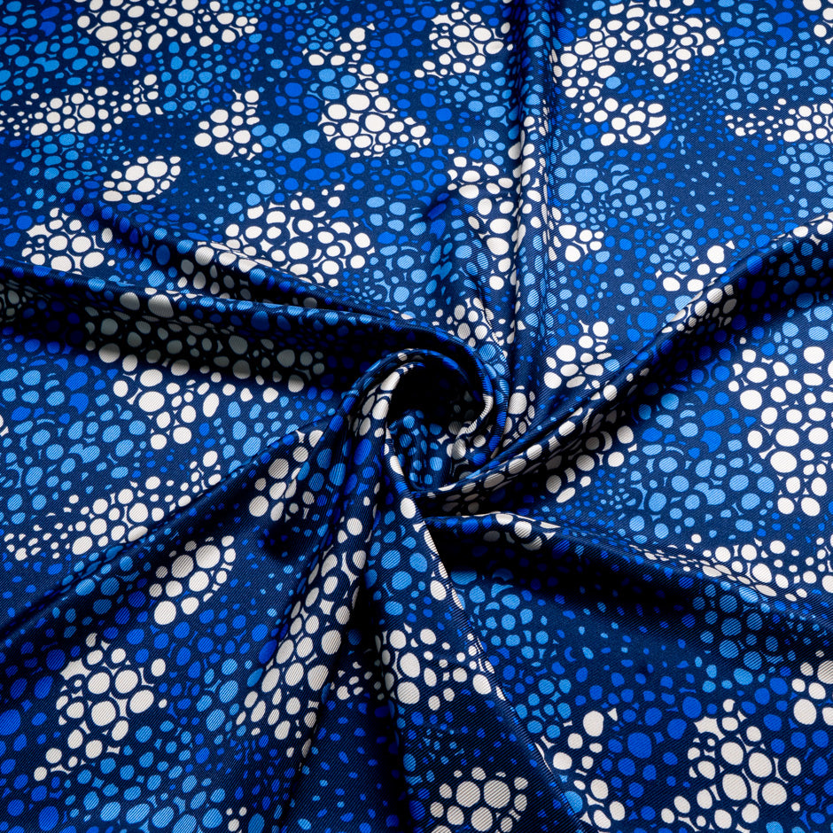 Blue & Cream Spot Printed Double Silk Twill