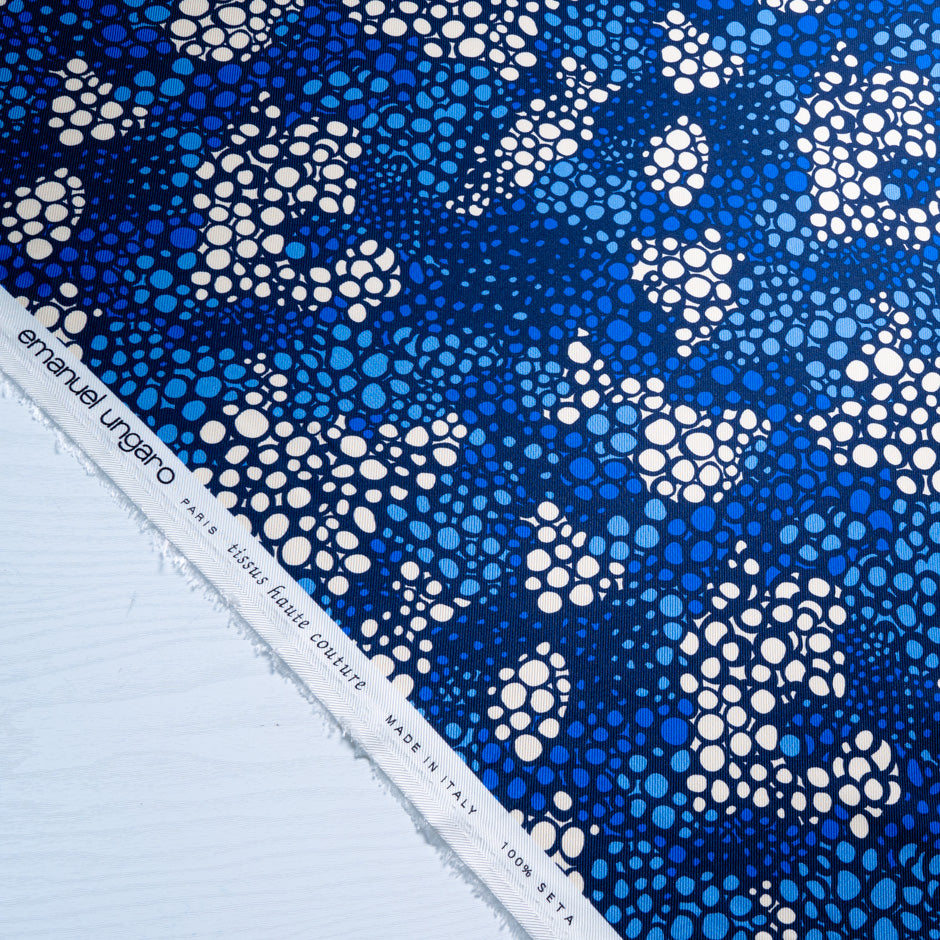 Blue & Cream Spot Printed Double Silk Twill