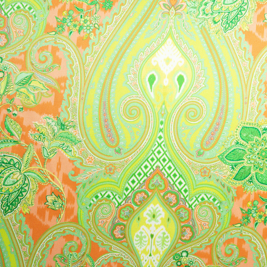 Green & Orange Paisley Printed Double Silk Twill
