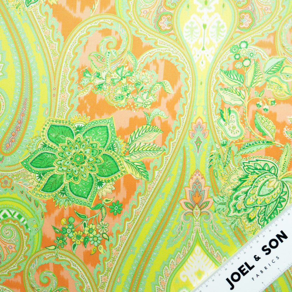 Green & Orange Paisley Printed Double Silk Twill