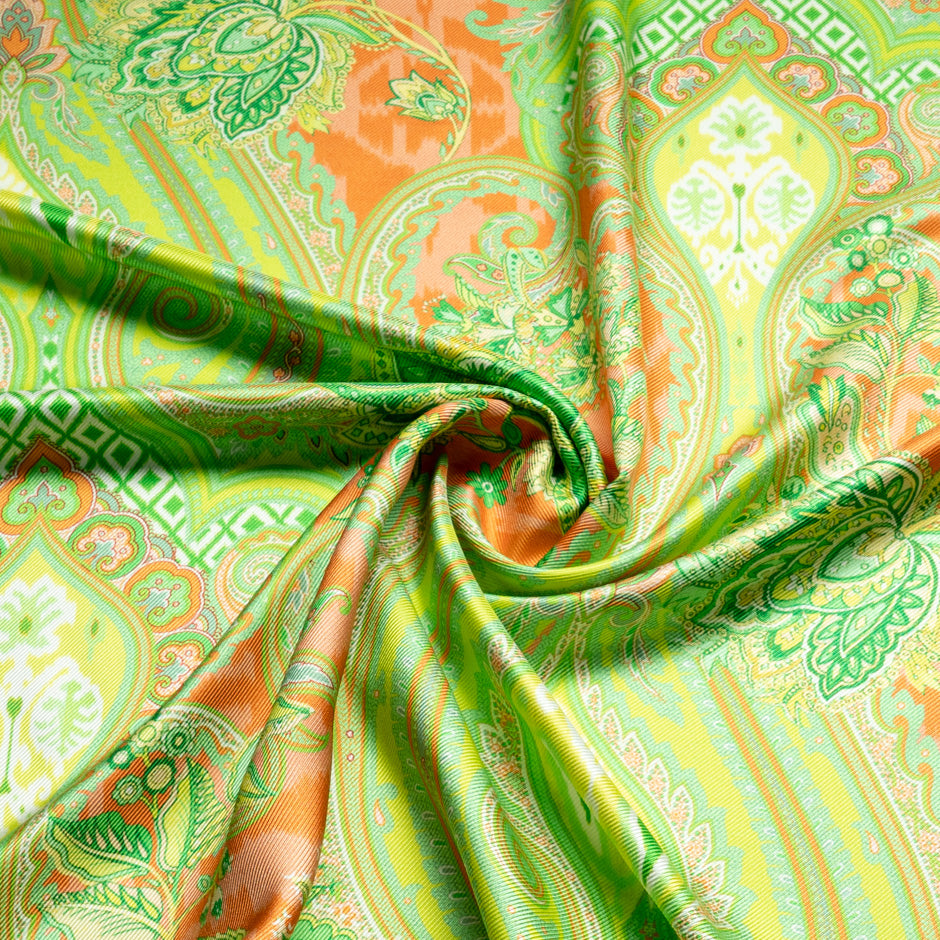 Green & Orange Paisley Printed Double Silk Twill