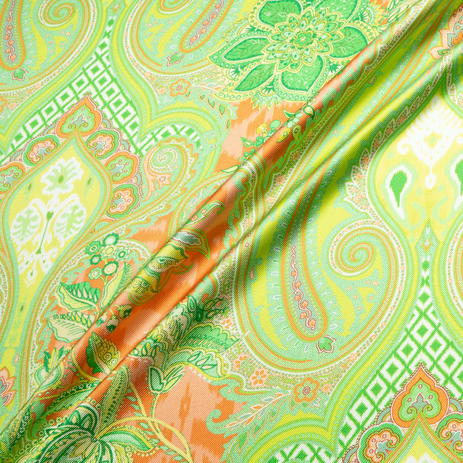 Green & Orange Paisley Printed Double Silk Twill