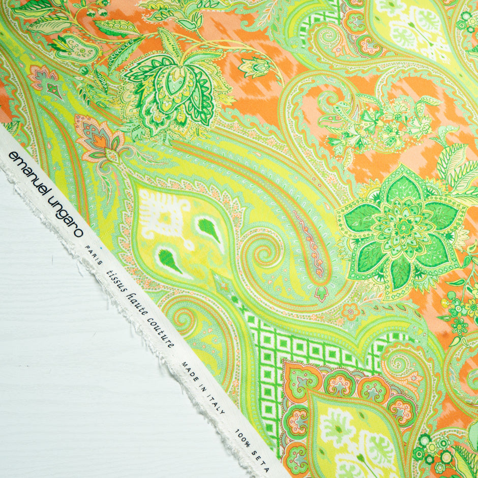 Green & Orange Paisley Printed Double Silk Twill
