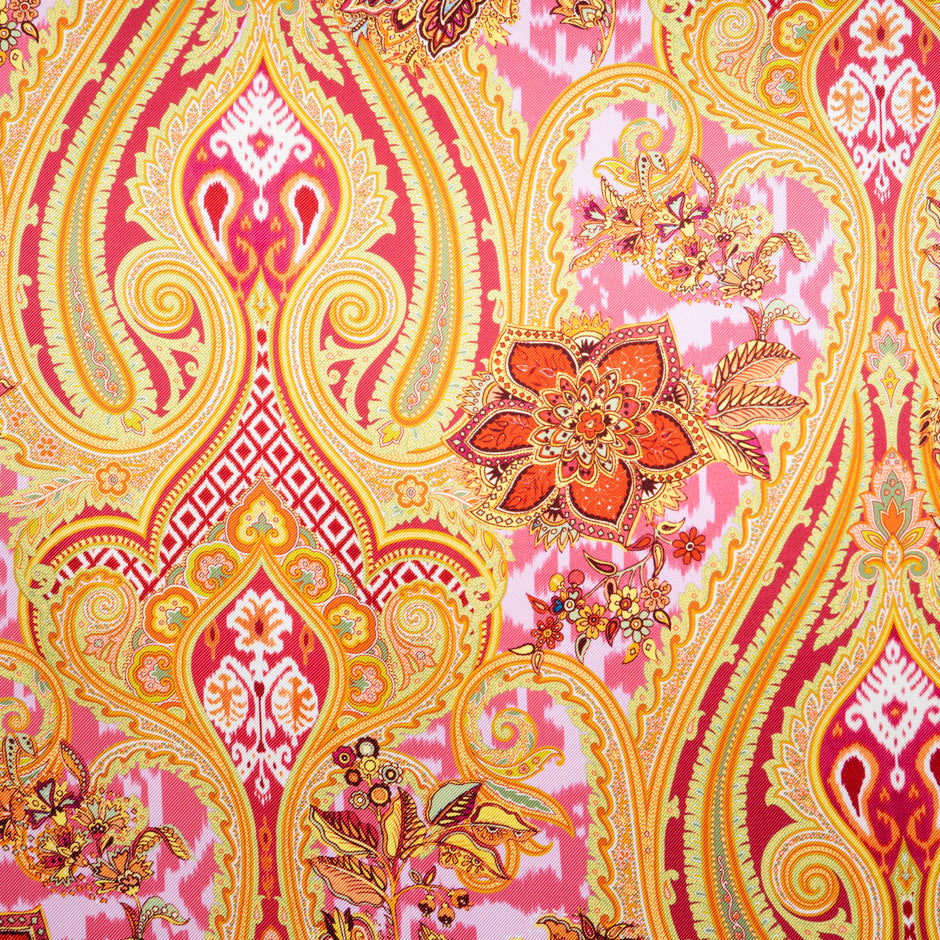 Pink & Yellow Paisley Printed Double Silk Twill