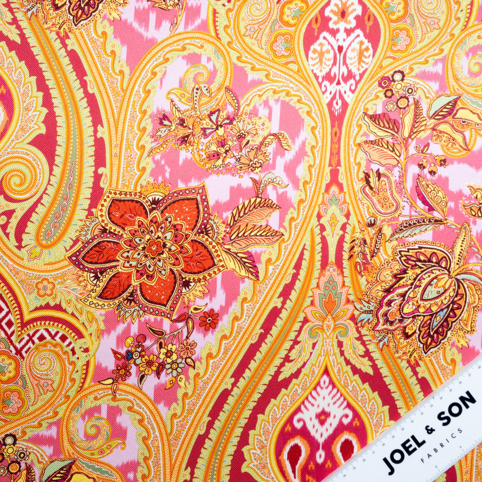 Pink & Yellow Paisley Printed Double Silk Twill