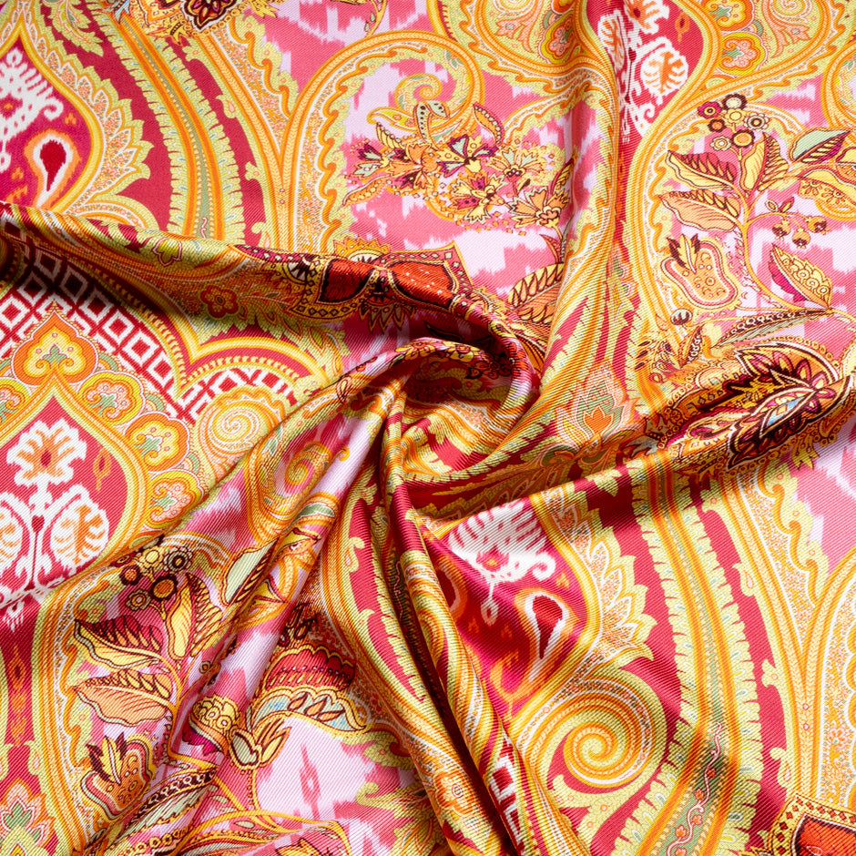 Pink & Yellow Paisley Printed Double Silk Twill
