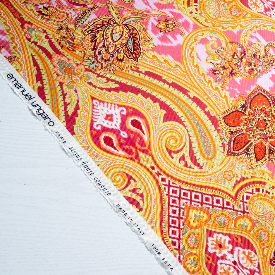 Pink & Yellow Paisley Printed Double Silk Twill