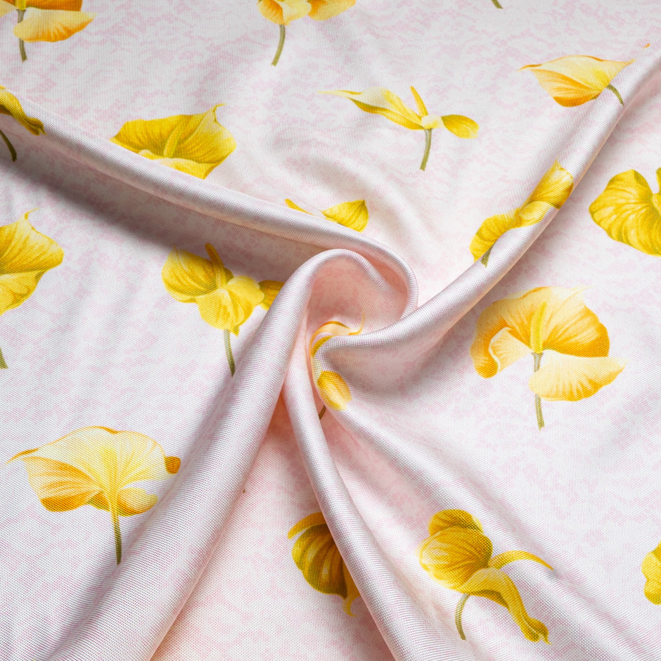 Yellow Floral Printed Pink Double Silk Twill
