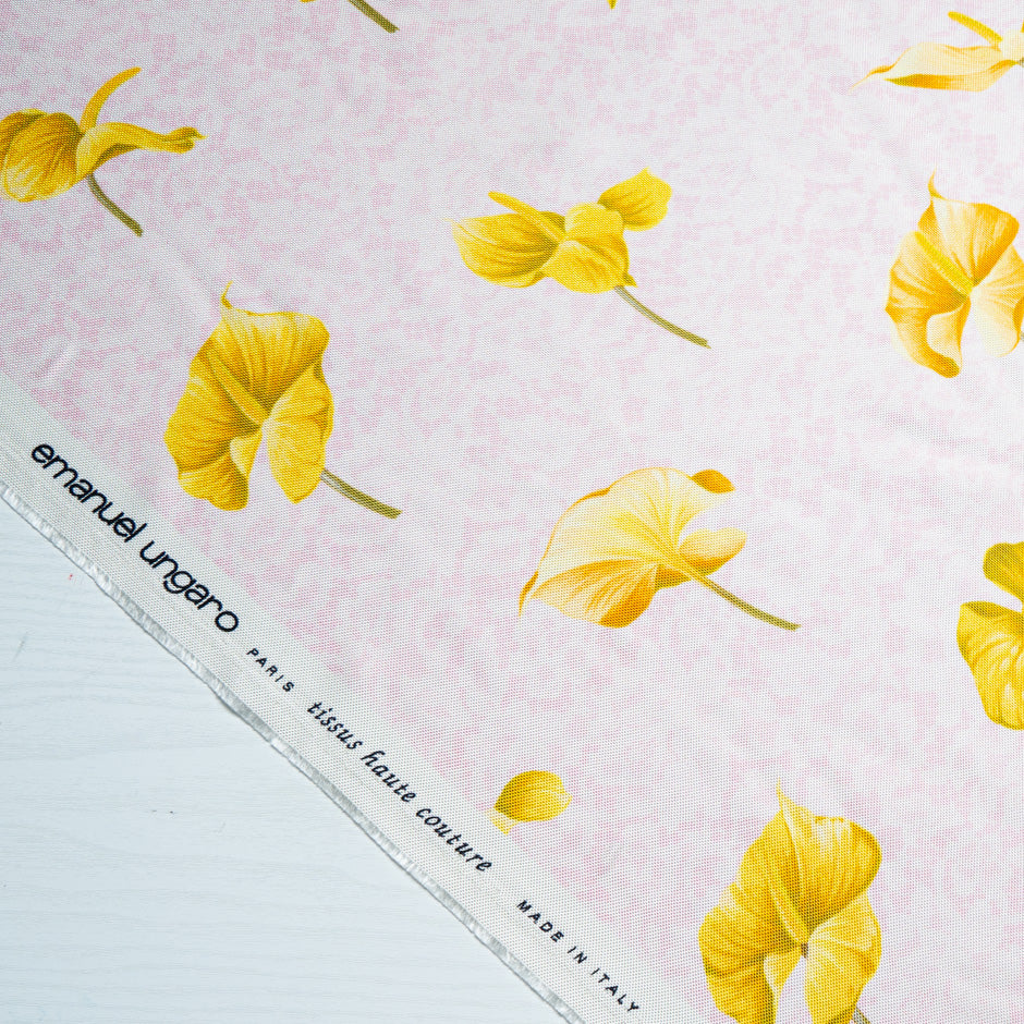 Yellow Floral Printed Pink Double Silk Twill