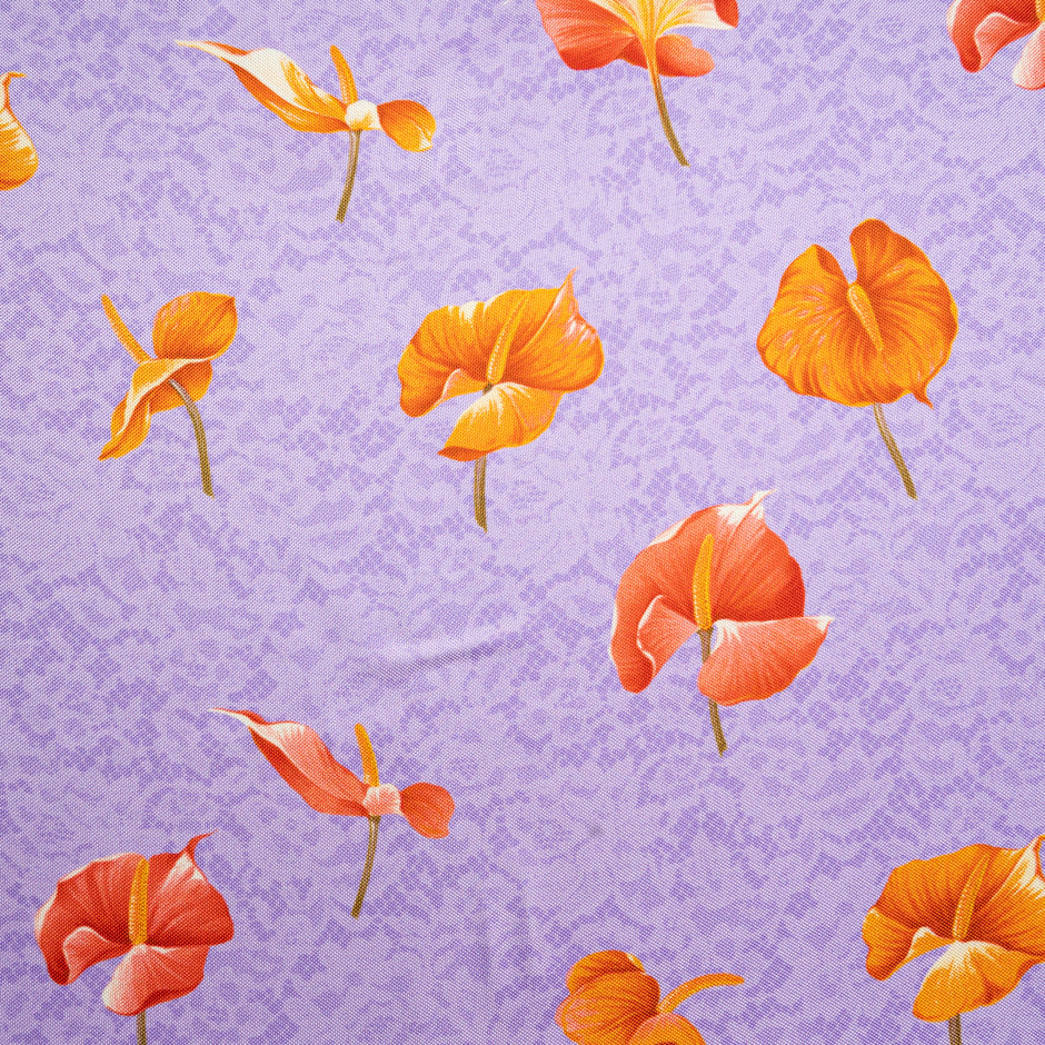 Orange Floral Printed Purple Double Silk Twill