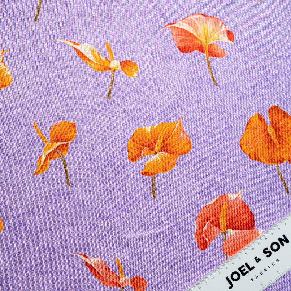 Orange Floral Printed Purple Double Silk Twill