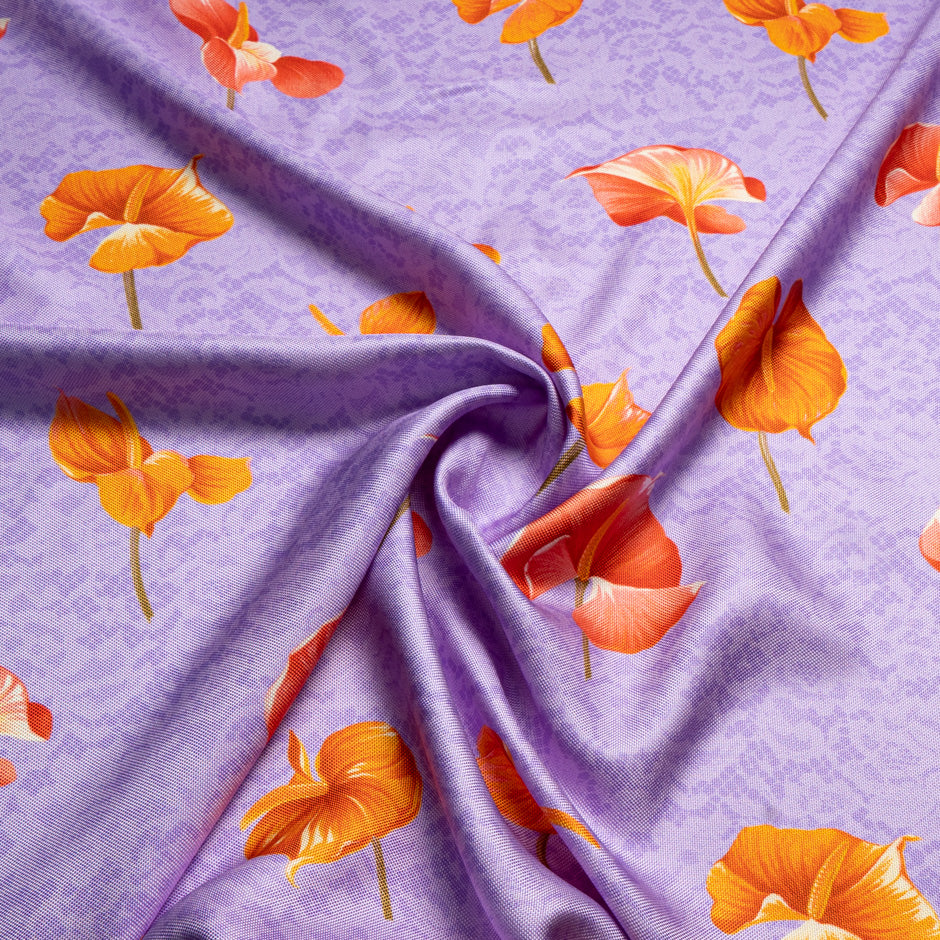 Orange Floral Printed Purple Double Silk Twill