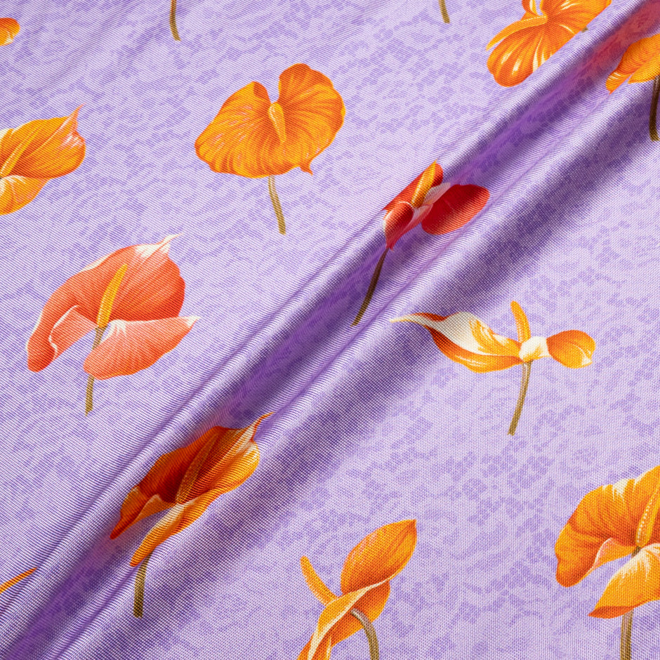 Orange Floral Printed Purple Double Silk Twill