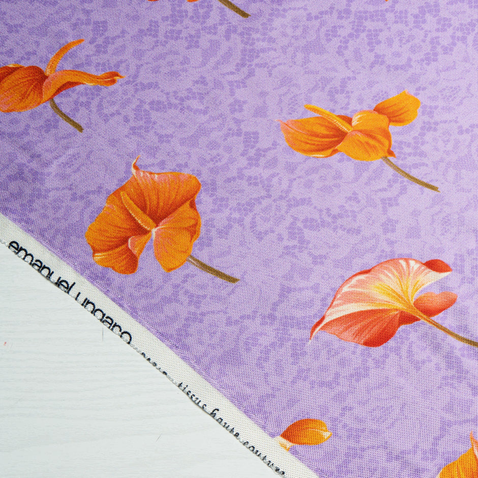 Orange Floral Printed Purple Double Silk Twill