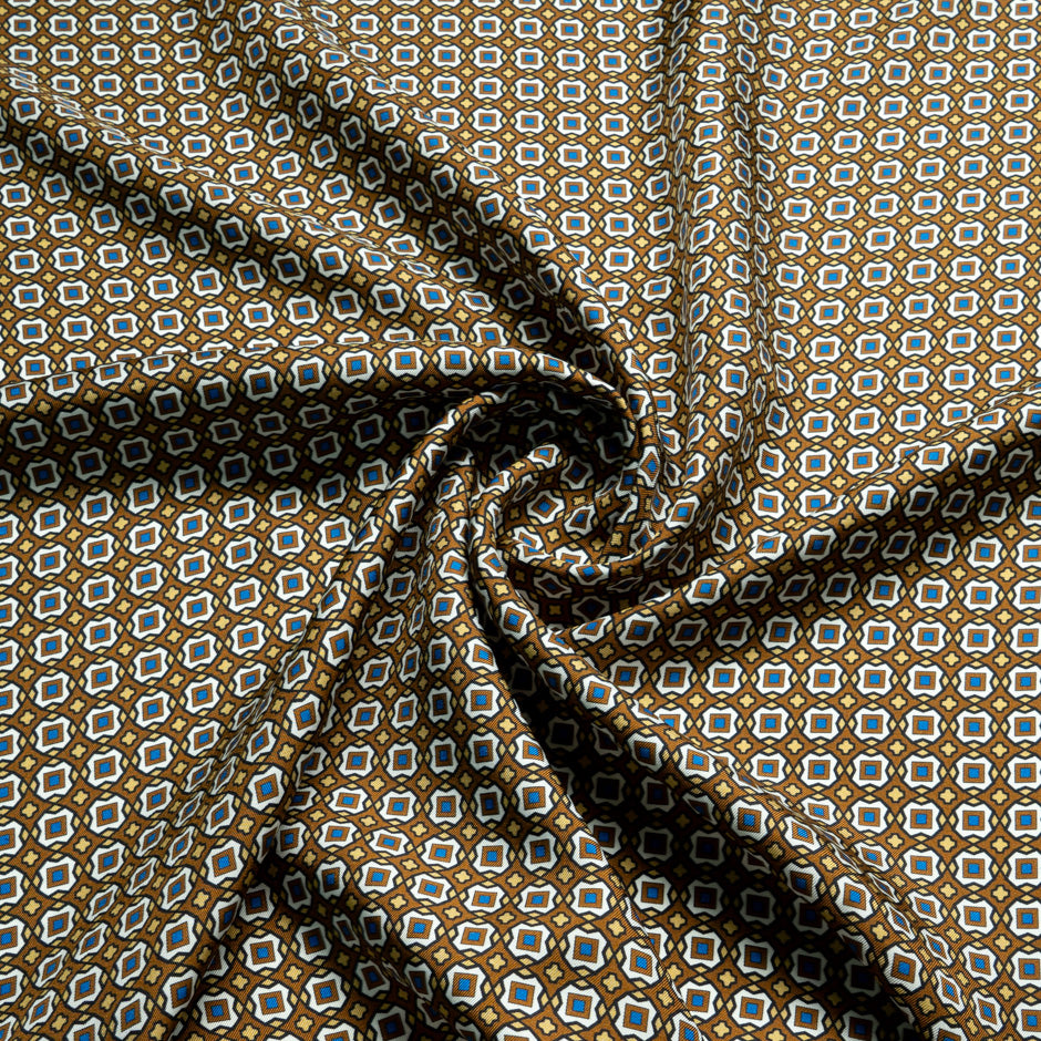 Brown & Blue Geo Printed Pure Silk Twill