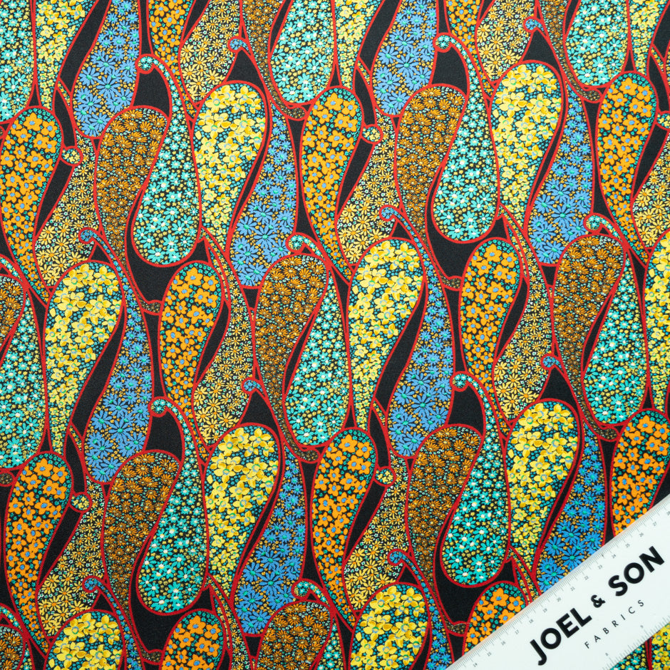 Geometric Paisley Printed Black Silk Twill