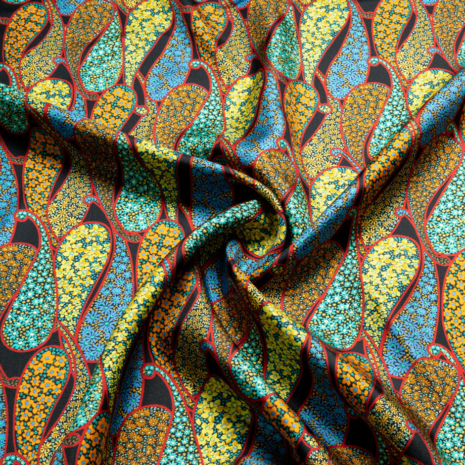 Geometric Paisley Printed Black Silk Twill
