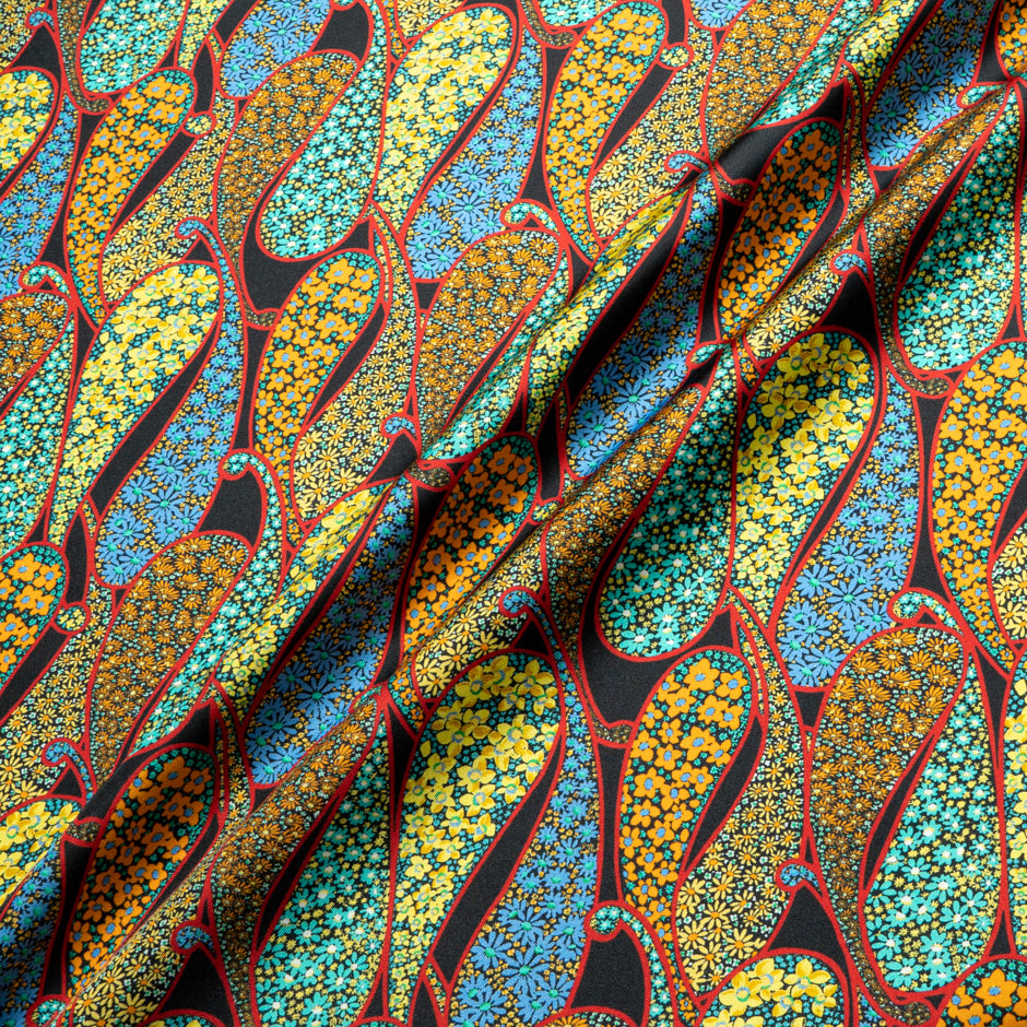 Geometric Paisley Printed Black Silk Twill