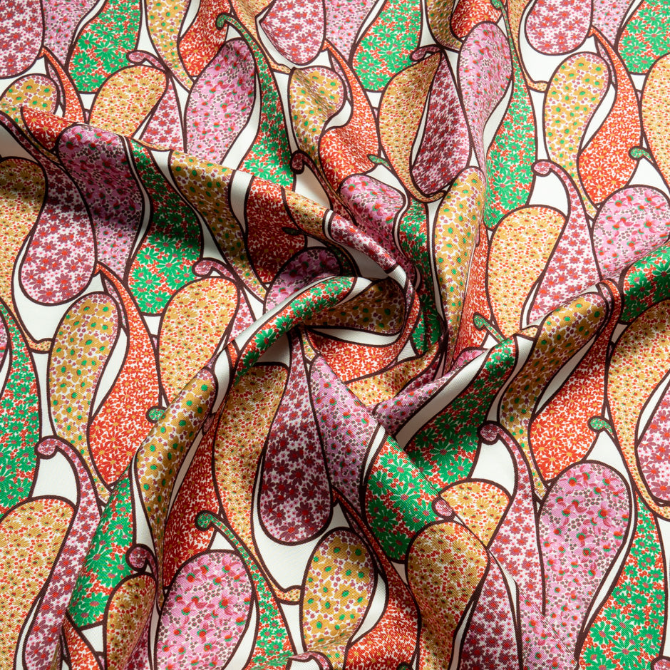 Multi Paisley Printed White Silk Twill