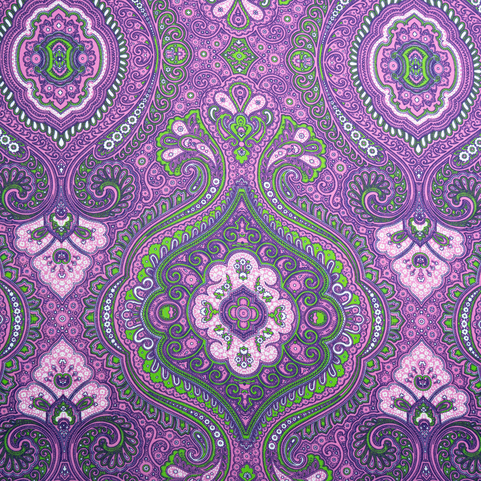 Purple, Pink & Green Patterned Pure Silk Twill