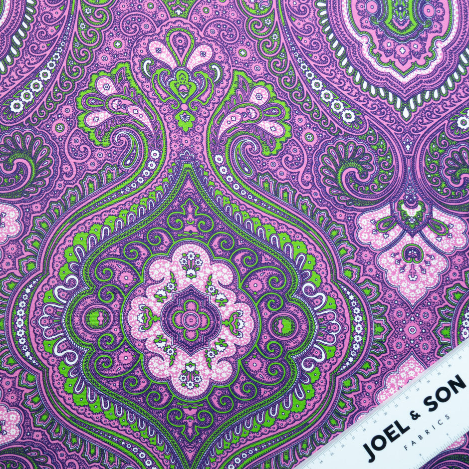 Purple, Pink & Green Patterned Pure Silk Twill