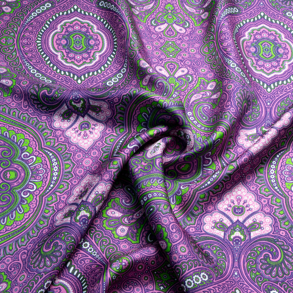 Purple, Pink & Green Patterned Pure Silk Twill
