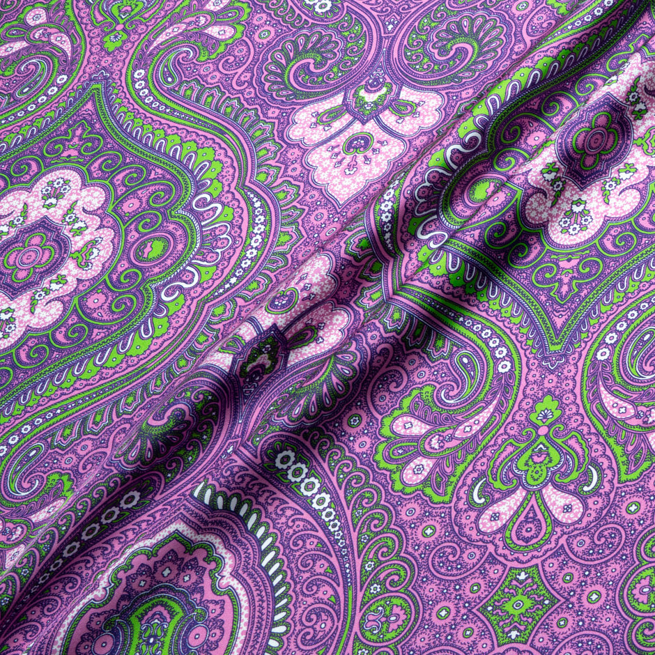 Purple, Pink & Green Patterned Pure Silk Twill