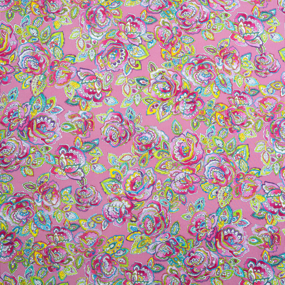 Multi Floral & Pink Striped Pure Silk Twill