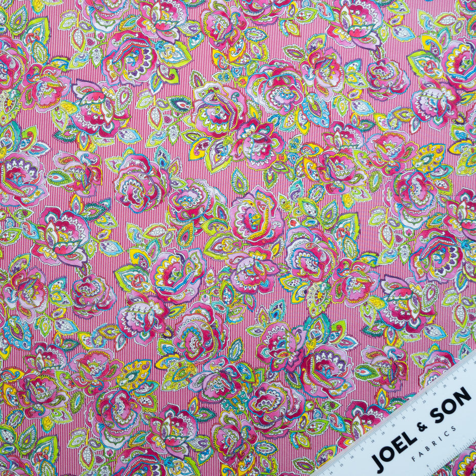 Multi Floral & Pink Striped Pure Silk Twill