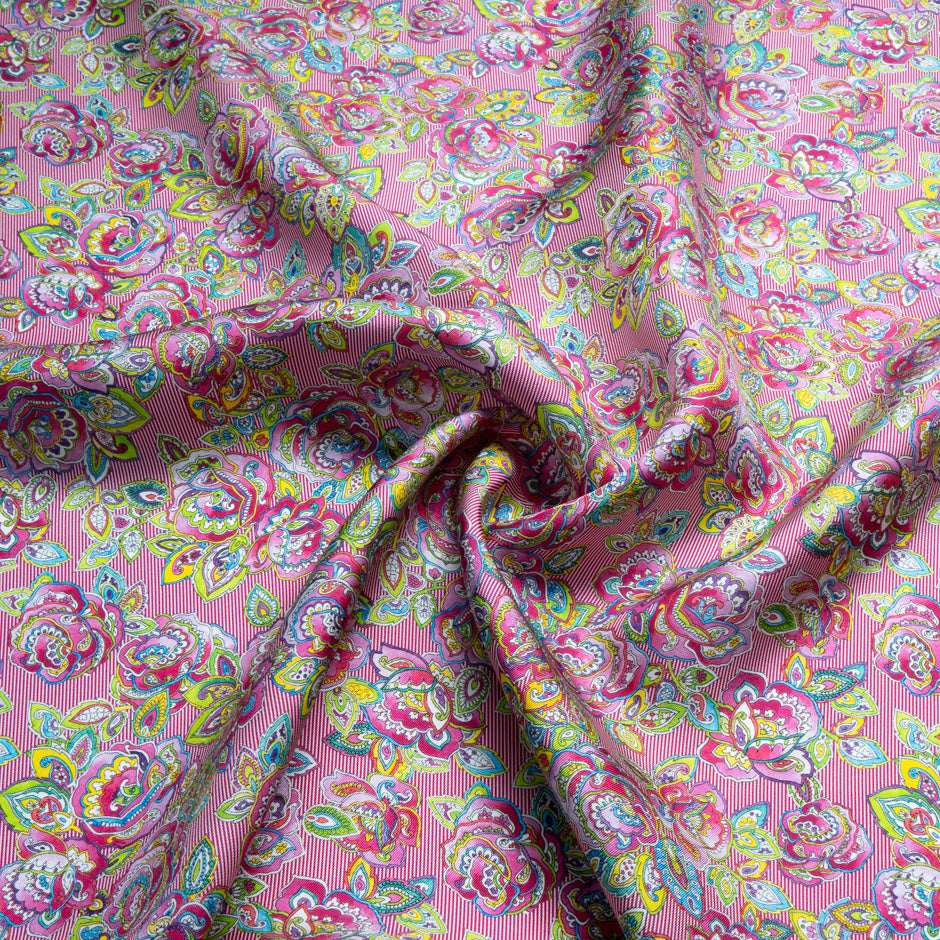 Multi Floral & Pink Striped Pure Silk Twill