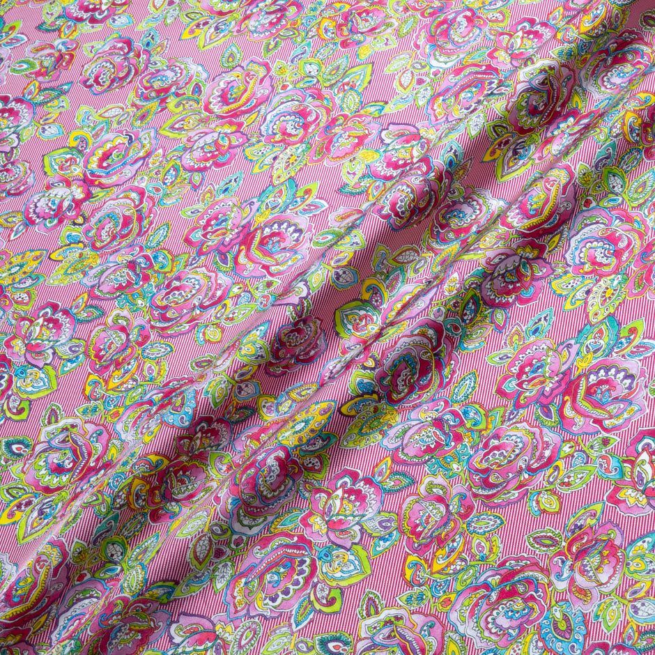 Multi Floral & Pink Striped Pure Silk Twill