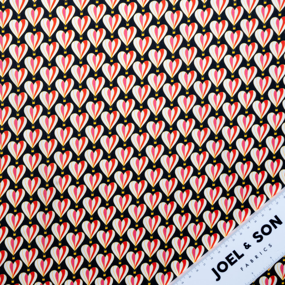 Geometric Heart Printed Black Silk Twill