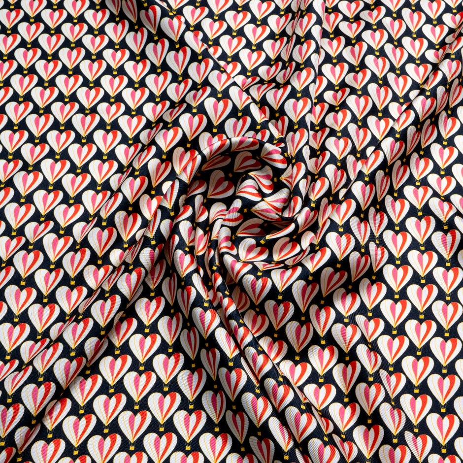 Geometric Heart Printed Black Silk Twill