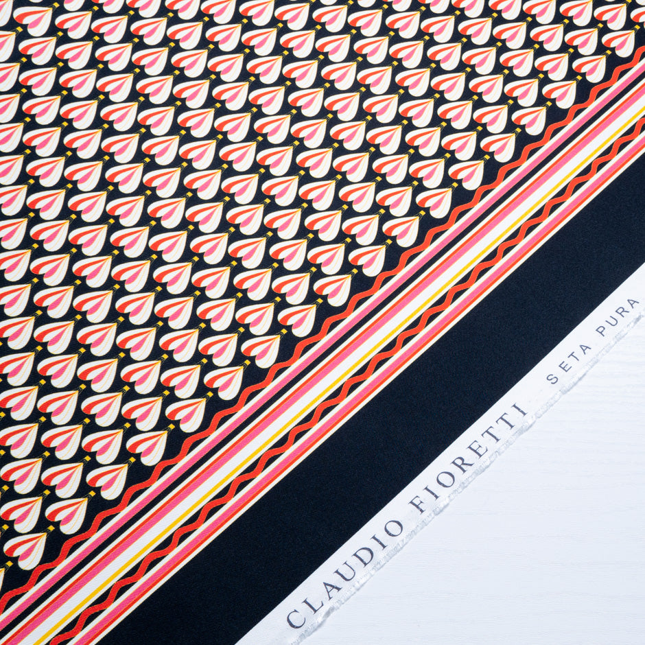 Geometric Heart Printed Black Silk Twill