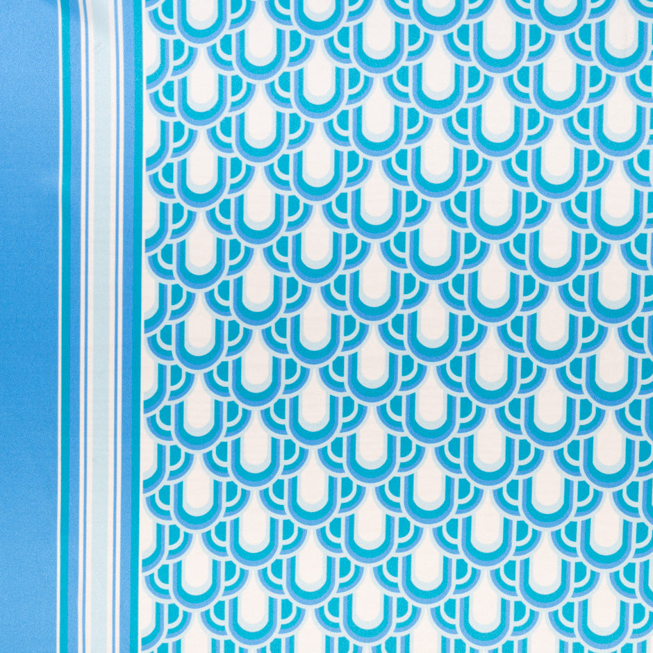 Blue, Teal & White Geo Printed Silk Satin (A 1.65m Piece)