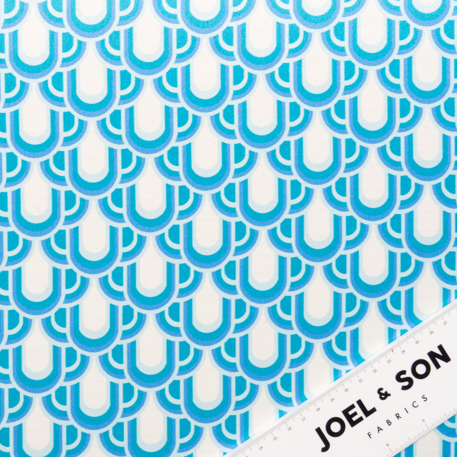 Blue, Teal & White Geo Printed Silk Satin (A 1.65m Piece)