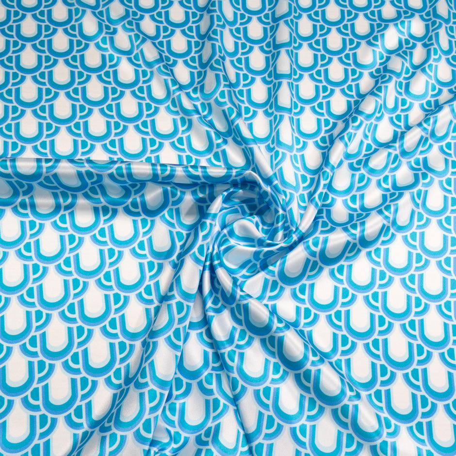 Blue, Teal & White Geo Printed Silk Satin (A 1.65m Piece)