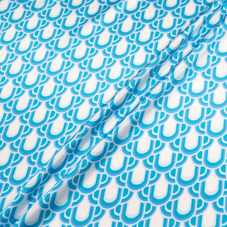 Blue, Teal & White Geo Printed Silk Satin (A 1.65m Piece)