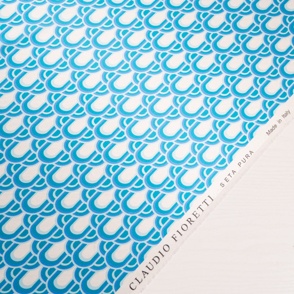 Blue, Teal & White Geo Printed Silk Satin (A 1.65m Piece)